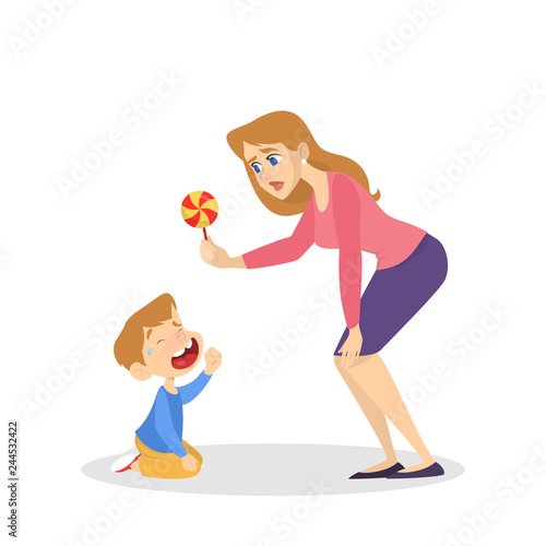 Little child cry and woman try to calm