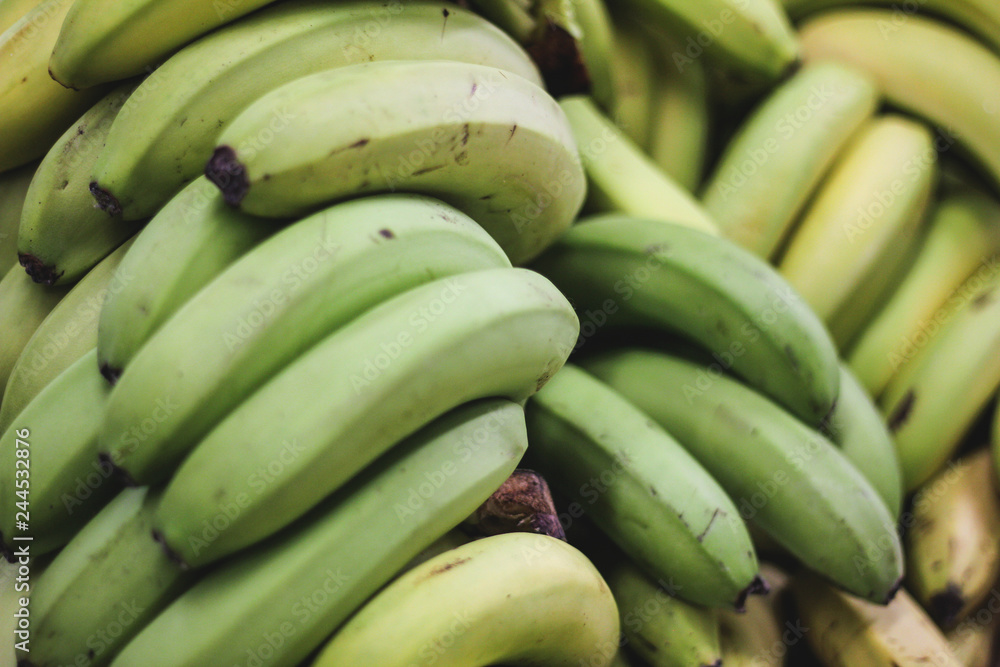 Pile of green bananas on the farmers market or shop, organic food, fruit background