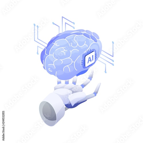 Artificial intelligence, smart robot, conscious machine, innovative technology, hi tech innovation, scientific research in cybernetics. Robotic hand holding AI brain. Modern vector illustration.