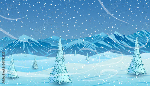 Blizzard in winter landscape. Pine trees on background of snowy mountains.