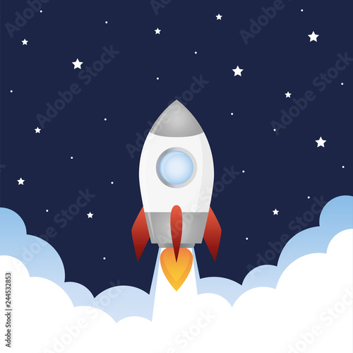 rocket launch into space with smoke and stars vector illustration EPS10