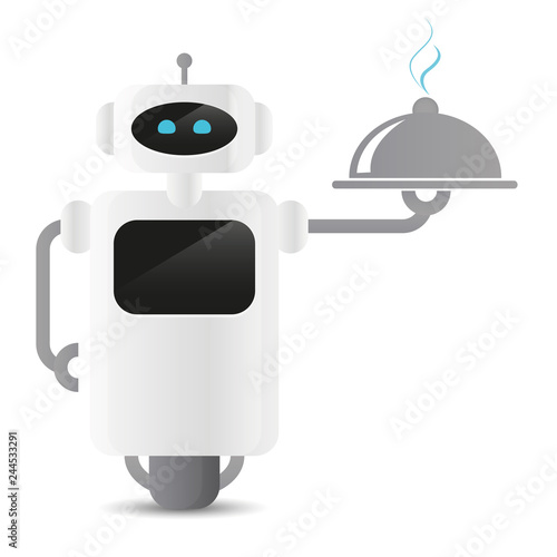 cute working service robot in restaurant holding a tablet vector illustration EPS10