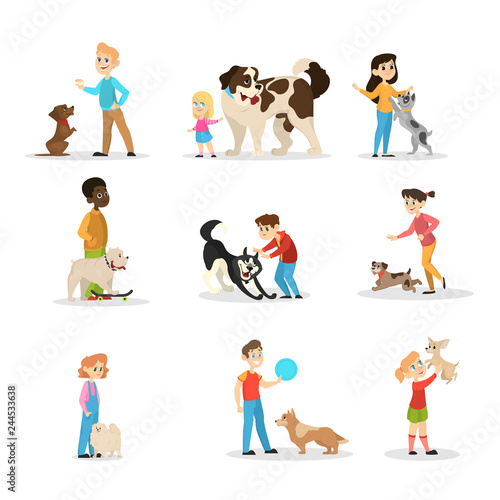Children play with their dogs set. Collection of happy kid