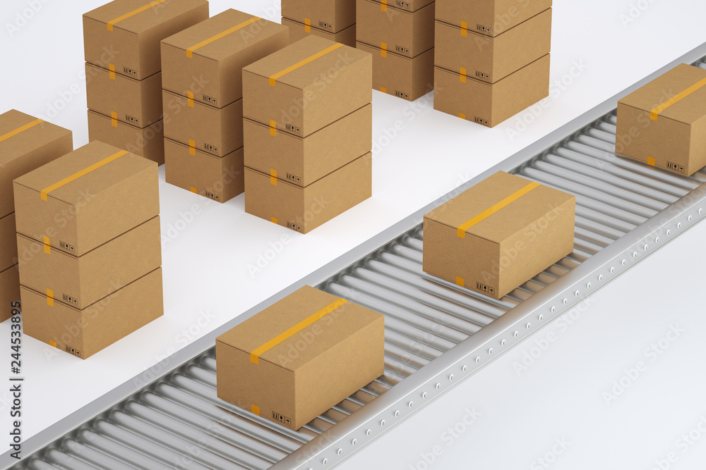 Conveyor with many cardboard boxes. Package delivery concept. 3D rendered illustration Conveyor with many cardboard boxes. Package delivery concept. 3D rendered illustration
