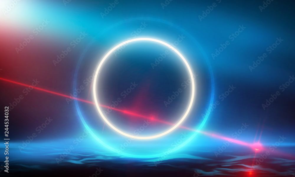 Empty Dark Futuristic Sci Fi Big Hall Room With Lights And Circle Shaped Neon Light. Dark neon background, empty stage, abstract dark background. Neon circle, reflection