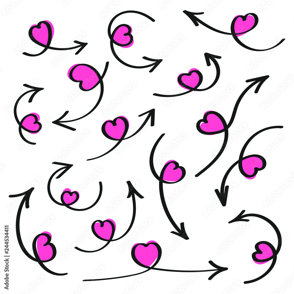 Naklejka premium Hand drawn love arrows with hearts on the arrows flat style design vector illustration set isolated on white background.