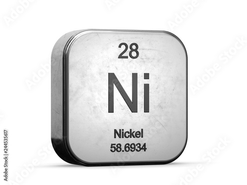 Nickel element from the periodic table series. Metallic icon set 3D rendered on white background photo