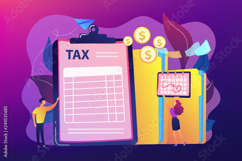 Businessman and accountant filling financial document form on clipboard and payment date. Tax form, income tax return, company tax payment concept. Bright vibrant violet vector isolated illustration