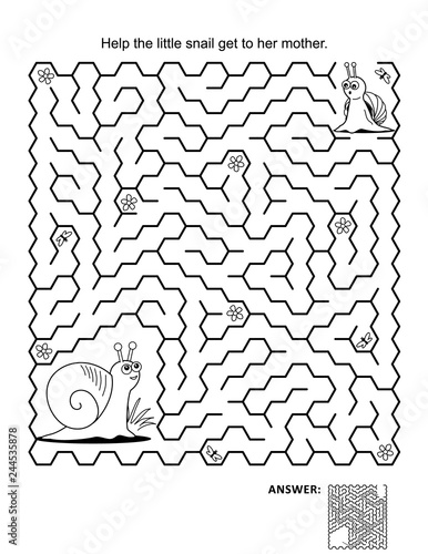 Maze game and coloring page for kids: Help the little snail to get to her mother. Answer included.
