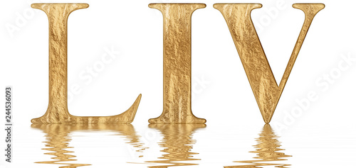 Roman numeral LIV, quattuor et quinquaginta, 54, fifty four, reflected on the water surface, isolated on  white, 3d render photo