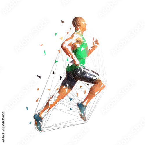 Running man, low polygonal vector illustration. Geometric runner, side view, athletics