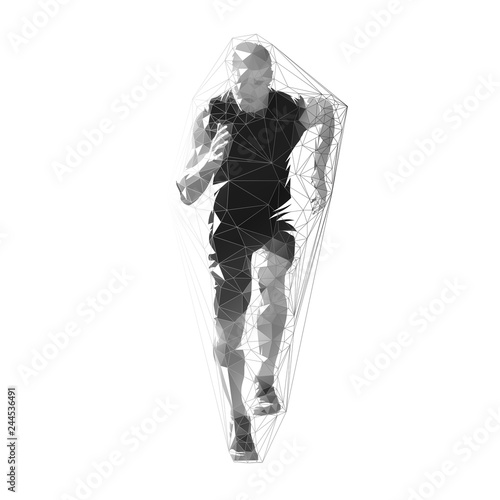 Runner, low polygonal running man, front view. Isolated sport geometric illustration