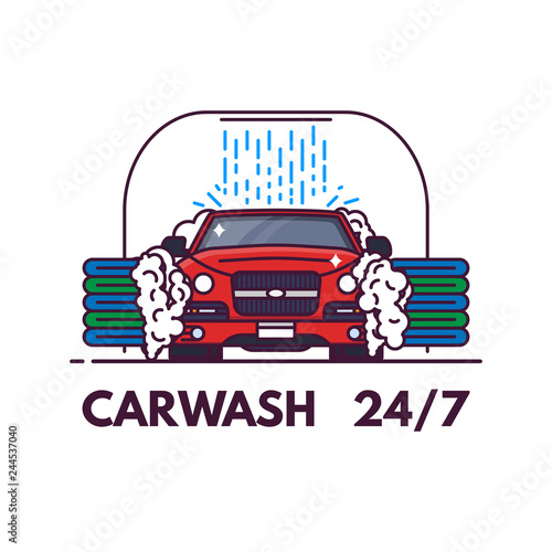 Carwash line style banner. Front view of luxury car on carwash. Clean service banner. Automobile on car wash cleaning. Line style vector illustration. 