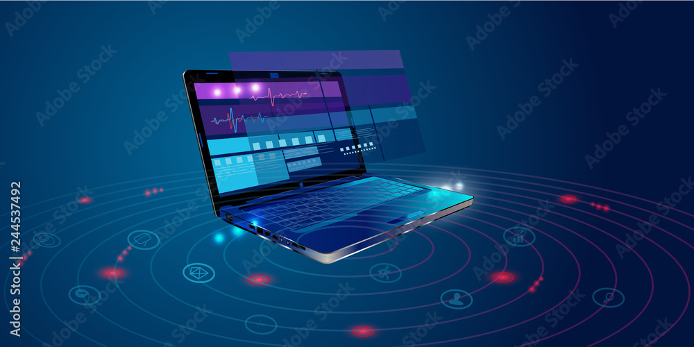 Software, web development, programming concept. Abstract Programming language and program code on screen laptop. Laptop and icons company network . Technology process of Software development