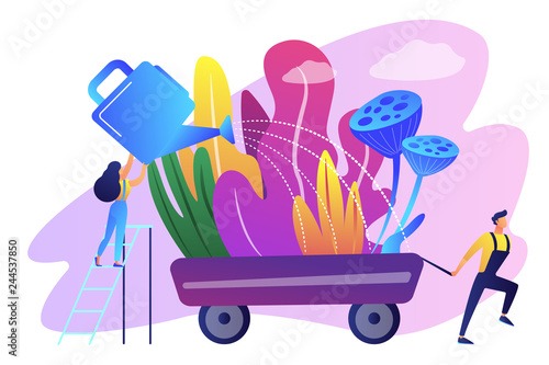Landscape designer and gardener watering decorative plants on cart with water can. Landscape design, landscape planning, gardening services concept. Bright vibrant violet vector isolated illustration