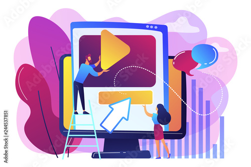 Graphic designers at computer screen creating and uploading video. Motion graphic design, video production service, motion designer work concept. Bright vibrant violet vector isolated illustration