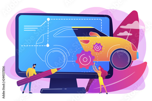 Industrial designers at computer drawing blueprint of modern car. Industrial design, product usability design, ergonomics development concept. Bright vibrant violet vector isolated illustration