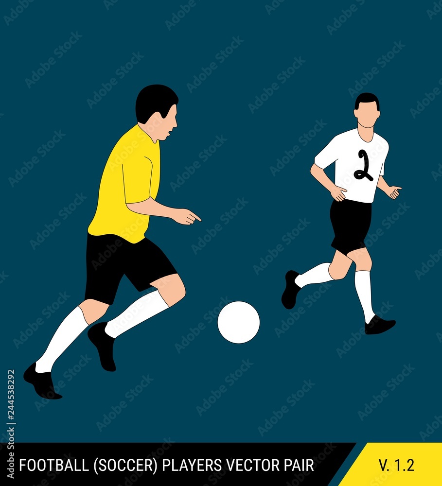 Two football opponents from different teams are fighting for the ball. Soccer players, the defender and attacker fight for the ball. Colorful vector illustration.