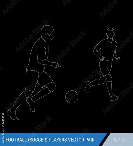 Two football opponents from different teams are fighting for the ball. Soccer players, the defender and attacker fight for the ball.  Outline silhouettes, vector illustration.