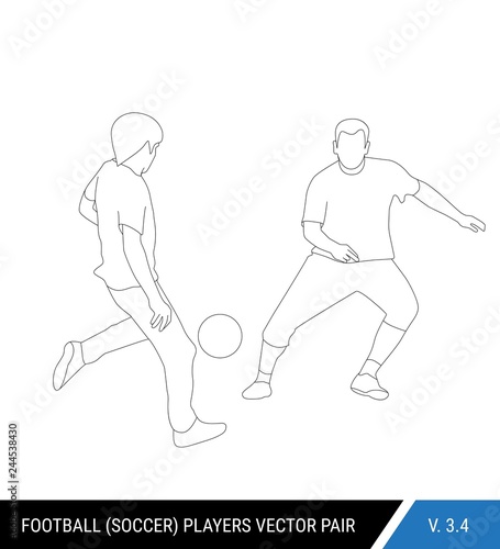 Two football opponents from different teams are fighting for the ball. Soccer players are fighting for the ball. Outline silhouettes, vector illustration. Can be used as a coloring books.