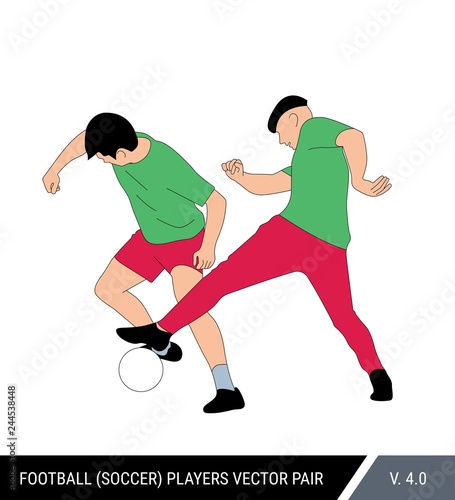 Two players of the same team train against each other. One football player takes the ball from the other. Color vector illustration. Dynamic football figures. Soccer Pair. © nikkusha