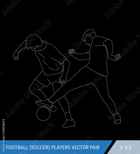 Two football opponents from different teams are fighting for the ball. Soccer players are fighting for the ball. Outline silhouettes, vector illustration. Black background with white silhouettes.
