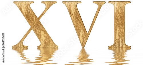 Roman numeral XVI, sedecim, 16, sixteen, reflected on the water surface, isolated on  white, 3d render photo