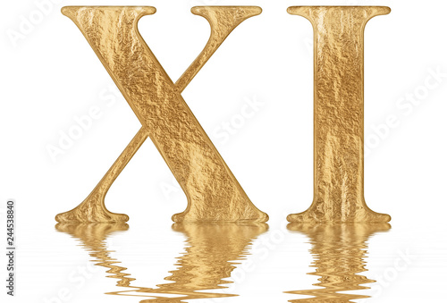 Roman numeral XI, undecim, 11, eleven, reflected on the water surface, isolated on white, 3d render