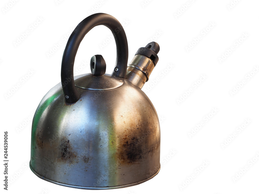 old metal whistling kettle. isolated on white. old metal whistling kettle. isolated on white.
