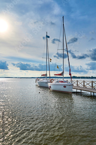 Fototapeta Naklejka Na Ścianę i Meble -  Beautiful panoramic view of the Lemiet lake with yachts in Mazury district, Poland. Fantastic travel destination.