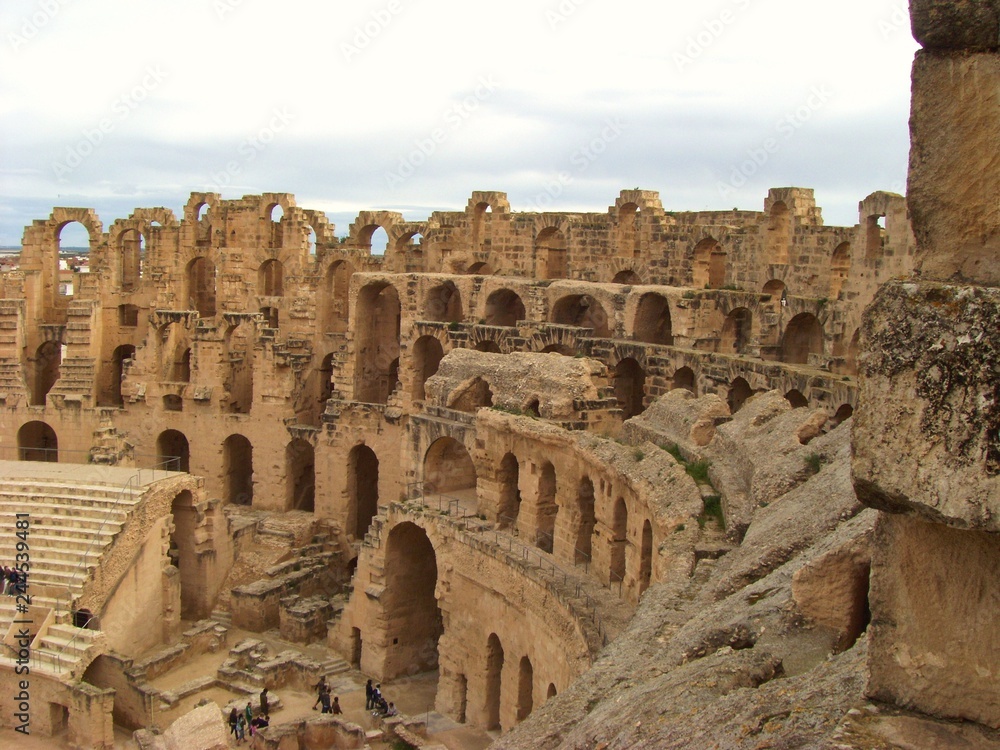 El DJem, Tunisia - April 14, 2018: Largest coliseum in North Africa. El DJem,Tunisia, UNESCO, World heritage site in Tunisia, Ruins
