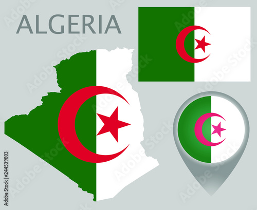 Colorful flag, map pointer and map of Algeria in the colors of the Algerian. High detail. Vector illustration Free Download Colorful flag, map pointer and map of Algeria in the colors of the Algerian. High detail. Vector illustration - GFXLoad