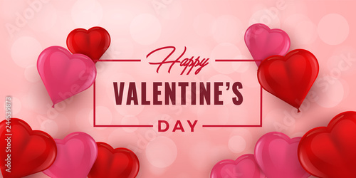 Valentine’s Day hand drawn typography with 3D hearts. Valentines Day wide background and heart shaped balloons. Holiday greeting card, poster, banner, logo, sales, promo. Vector Illustration.