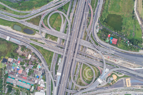 Aerial view city transport intersection road car movement