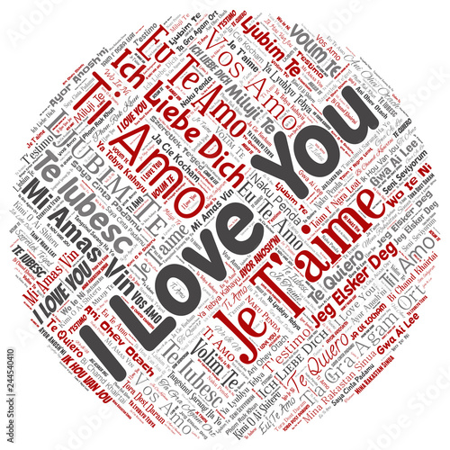 Vector conceptual sweet romantic I love you multilingual message round circle red word cloud isolated background. Collage of valentine day, romance affection,  happy emotion or passion lovely concept