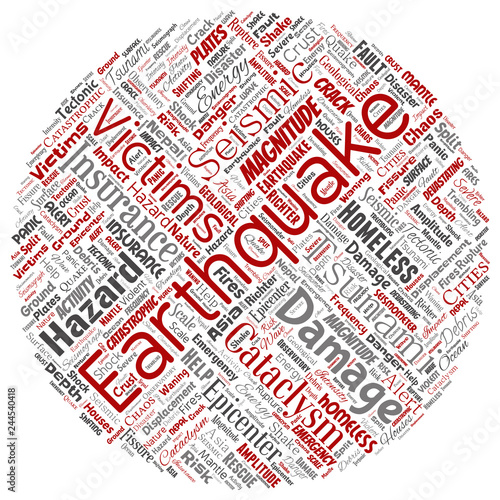 Vector conceptual earthquake activity round circle red word cloud isolated background. Collage of natural seismic tectonic crust tremble, violent tsunami waves risk, tectonic plates shifting concept