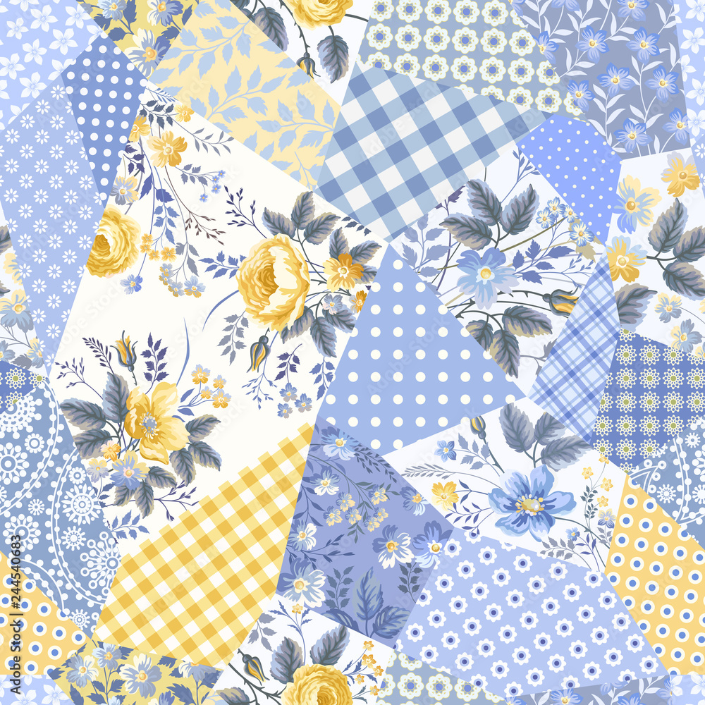seamless floral patchwork pattern with roses - obrazy, fototapety, plakaty 