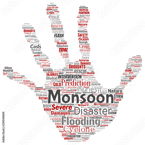 Vector conceptual monsoon dangerous weather hand print stamp meteorology word cloud isolated background. Collage of tropical dramatic storm force, strong wind blowing, rain hail thunderstorm concept