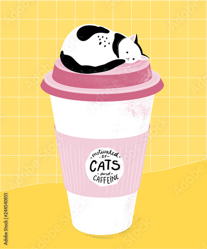 Motivated by cats and caffein. Funny quote for office posters, t-shirts and prints. Sleeping cat on top of tall paper coffee cup. Modern graphic art, pink, yellow and black colors.