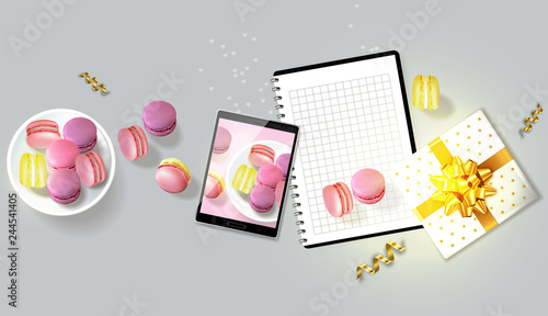 Macaroons gift realistic Vector. Tablet and notesbook template layout 3d illu...