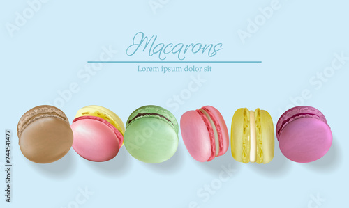 Colorful macaroons realistic Vector. Banner template layout 3d illustration. Menu dessert label product placements