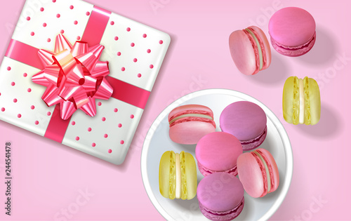 Gift box macaroons realistic Vector. Banner template layout 3d illustration. ...