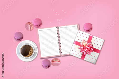 Breakfast coffee and macaroons Vector realistic. 3d detailed card menu templa...