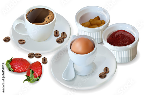 Breakfast coffee, egg, jam Vector realistic. 3d detailed menu template. Straw...