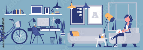 Freelancer girl room interior, home office design