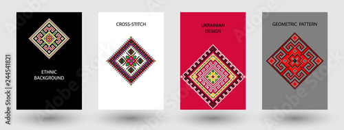Set of ethnic background in cross-stitch style.  Traditional ukrainian decor.