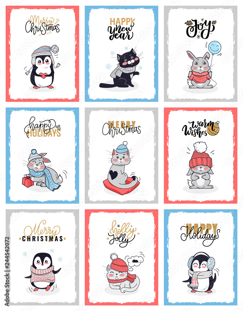 Cristmas Cartoon Cards with Animals Penguin, Cat