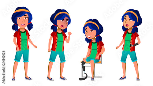 Asian Girl Set Vector. Health Concept. Cyborg, Hybrid. Amputation Prosthesis. Life, Emotional, Pose. For Presentation, Print, Invitation Design. Isolated Cartoon Illustration
