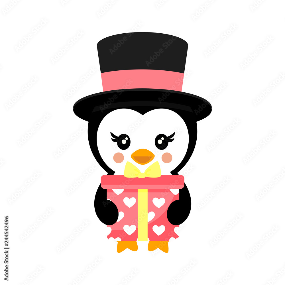 valentines day cartoon penguin with hat and lovely present valentines day cartoon penguin with hat and lovely present