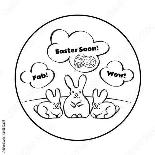 Round composition depicting three rabbits on the lawn. They're thinking about Easter. Vector illustration EPS10